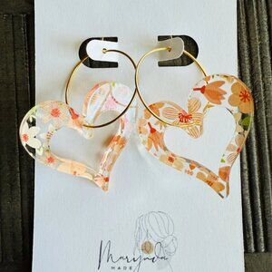 Pink Floral Wide Heart Acrylic Earrings | Hypoallergenic | Golden Stainless